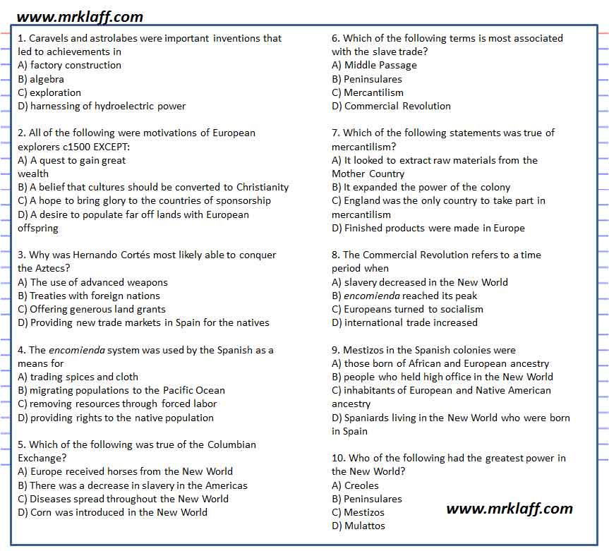 Encounter between New and Old Worlds - Printable Multiple-Choice Quiz on  the Columbus Exchange, Grades 7-12